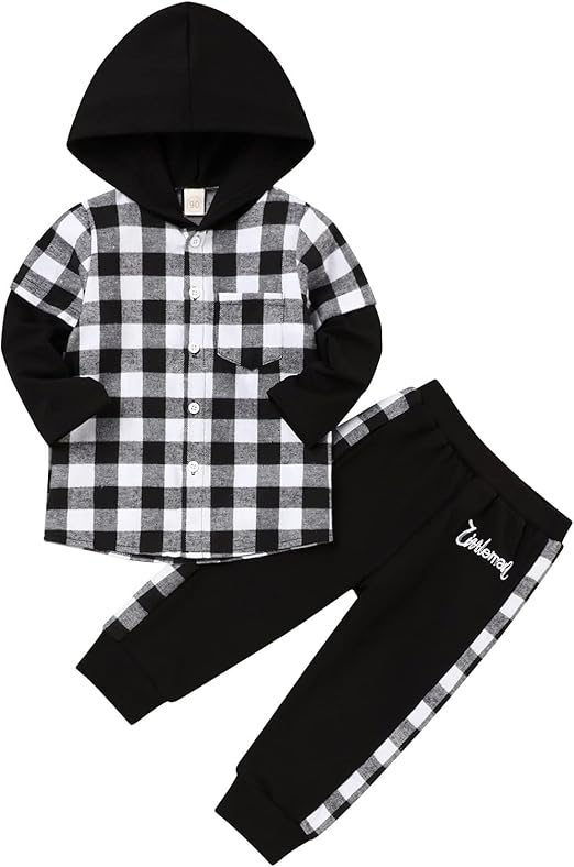 Toddler Boy Outfit - Hooded Plaid Sweatshirt & Pants - Fall Clothes