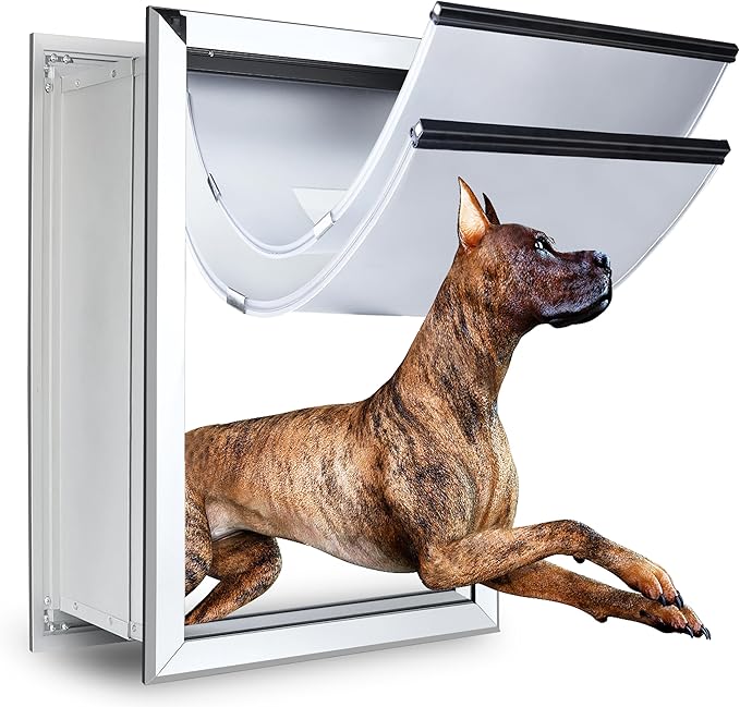 Aluminum Extra Large Dog Door for Wall, Extreme Weather Doggy Door with Enclosed Magnetic Double Flaps, Heavy Duty Doggie Doors with Telescoping Tunnel for Large and Extra Large Dogs Up to 220Lbs