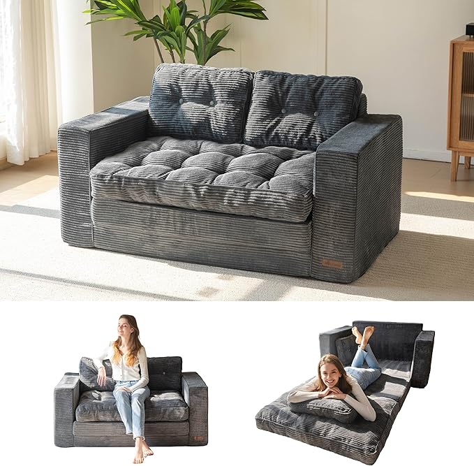 Convertible Sofa Bed, Pull Out Loveseat Sleeper Sofa, 2 in 1 Folding Couch Bed, Fold Out Floor Couch with Pillows for Living Room Bedroom Lounge, Dark Grey